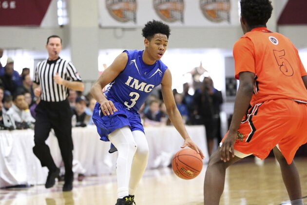 IMG Post Grad National's Anfernee Simons #3 in action against Vermont Academy during a high school basketball game at the Hoophall Classic, Sunday, January 14, 2018, in Springfield,MA. (AP Photo/Gregory Payan)