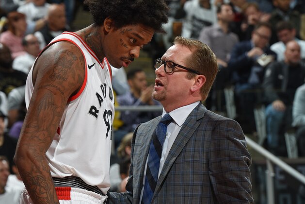 TORONTO, CANADA - APRIL 17: Lucas Nogueira #92 and Assistant Coach Nick Nurse speak during the game against the Washington Wizards in Game Two of Round One of the 2018 NBA Playoffs on April 17, 2018 at the Air Canada Centre in Toronto, Ontario, Canada.  NOTE TO USER: User expressly acknowledges and agrees that, by downloading and or using this Photograph, user is consenting to the terms and conditions of the Getty Images License Agreement.  Mandatory Copyright Notice: Copyright 2018 NBAE (Photo by Ron Turenne/NBAE via Getty Images)