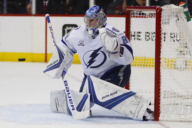Tampa Bay Lightning goaltender Andrei Vasilevskiy (88), from Russia prepares to stop a shot by the Washington Capitals during the second period of Game 6 of the NHL Eastern Conference finals hockey playoff series, Monday, May 21, 2018, in Washington. (AP Photo/Pablo Martinez Monsivais)