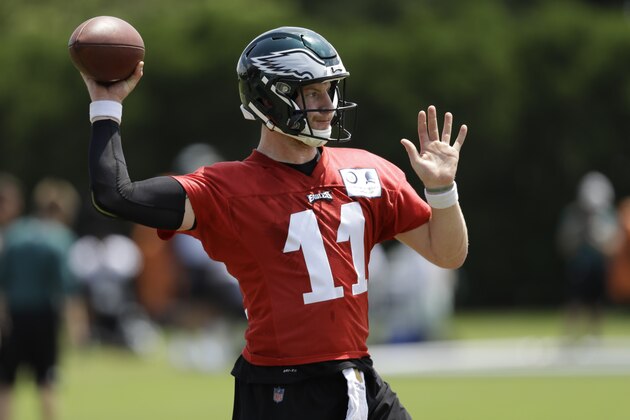 Philadelphia Eagles' Carson Wentz runs a drill during an organized team activity at the NFL football team's practice facility, Thursday, June 7, 2018, in Philadelphia. (AP Photo/Matt Slocum)