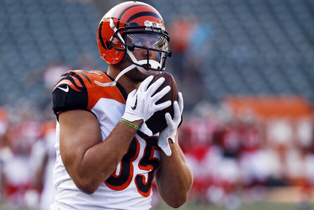 FILE - In this Aug. 11, 2017, file photo, Cincinnati Bengals tight end Tyler Eifert warms up before an NFL football game against the Tampa Bay Buccaneers in Cincinnati. Eifert will miss the rest of the season with a back injury that has put his career in jeopardy, the team announced Thursday, Oct. 12, 2017. (AP Photo/Frank Victores, File) FILE - In this Aug. 11, 2017, file photo, Cincinnati Bengals tight end Tyler Eifert warms up before an NFL football game against the Tampa Bay Buccaneers in Cincinnati. Eifert will miss the rest of the season with a back injury that has put his career in jeopardy, the team announced Thursday, Oct. 12, 2017. (AP Photo/Frank Victores, File)