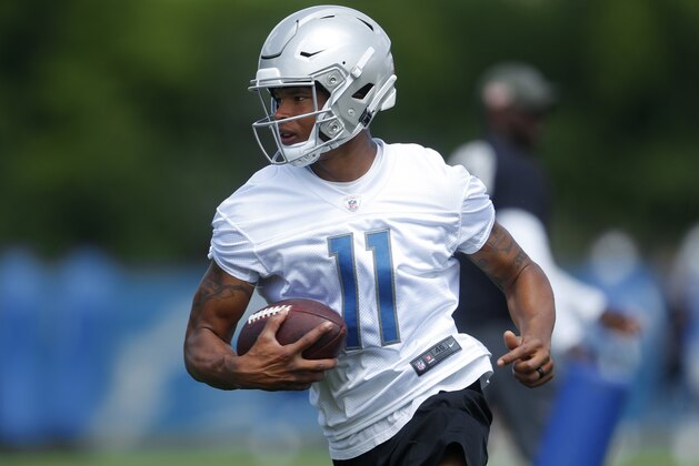 Detroit Lions wide receiver Marvin Jones runs during practice at the NFL football team's training camp in Allen Park, Mich., Wednesday, June 6, 2018. (AP Photo/Paul Sancya)
