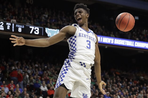 Kentucky guard Hamidou Diallo reacts after a dunk against Buffalo during the second half of a second-round game in the NCAA men's college basketball tournament Saturday, March 17, 2018, in Boise, Idaho. (AP Photo/Otto Kitsinger)