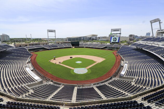 Grounds crew members work on the playing surface at TD Ameritrade Park, home of the NCAA baseball College World Series, in Omaha, Neb., Wednesday, June 13, 2018. Competition in the College World Series starts on Saturday June 16. (AP Photo/Nati Harnik)