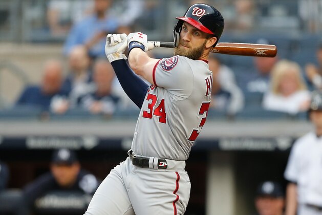 NEW YORK, NY - JUNE 13:  Bryce Harper #34 of the Washington Nationals in action against the New York Yankees at Yankee Stadium on June 13, 2018 in the Bronx borough of New York City. The Nationals defeated the Yankees 5-4.  (Photo by Jim McIsaac/Getty Images)