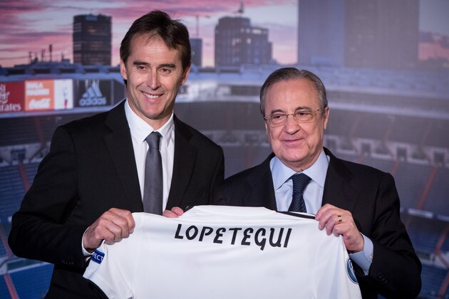 MADRID, SPAIN - JUNE 14:  (L-R) Real Madrid head coach Julen Lopetegui and President of Real Madrid Florentino Perez attend a press conference at Estadio Santiago Bernabeu on June 14, 2018 in Madrid, Spain. Julen Lopetegui was fired by Spain's soccer federation two days before Spain's World Cup opener against Portugal.  (Photo by Pablo Cuadra/Getty Images)