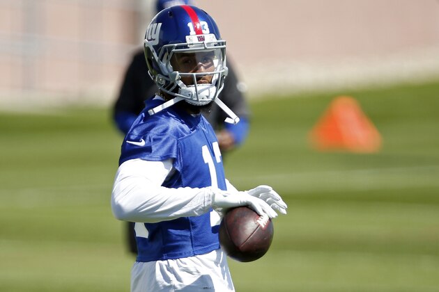 New York Giants wide receiver Odell Beckham (13) during the team's NFL football organized activities, Tuesday, June 12, 2018, in East Rutherford, N.J.. (AP Photo/Adam Hunger)