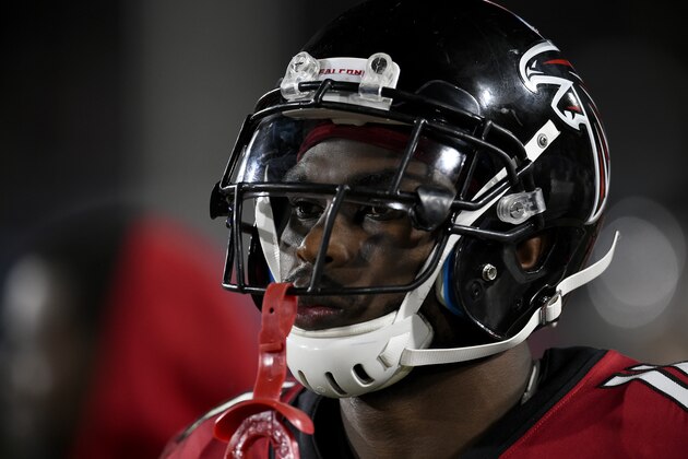 Atlanta Falcons wide receiver Julio Jones looks on from the sidelines during the second half of an NFL football wild-card playoff game against the Los Angeles Rams Saturday, Jan. 6, 2018, in Los Angeles. The Falcons won 26-13. (AP Photo/Kelvin Kuo)