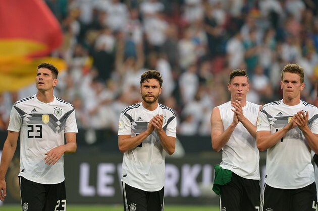 LEVERKUSEN, GERMANY - JUNE 08: Mario Gomez of Germany, Jonas Hector of Germany, Julian Draxler of Germany and Matthias Ginter of Germany gesture after the international friendly match between Germany and Saudi Arabia at BayArena on June 8, 2018 in Leverkusen, Germany. (Photo by TF-Images/Getty Images)