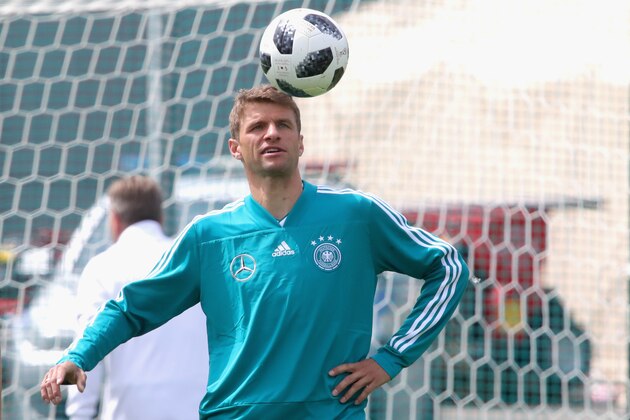 MOSCOW, RUSSIA - JUNE 14:  Thomas Mueller of Germany  plays with the ball during the Germany training session ahead of the 2018 FIFA World Cup at CSKA Sports Base Vatatinki on June 14, 2018 in Moscow, Russia.  (Photo by Alexander Hassenstein/Getty Images)