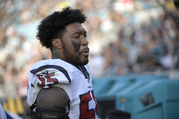 Houston Texans inside linebacker Benardrick McKinney (55) watches from the sideline during the second half of an NFL football game against the Jacksonville Jaguars Sunday, Dec. 17, 2017, in Jacksonville, Fla. The Jaguars won 45-7. (AP Photo/Phelan M. Ebenhack)