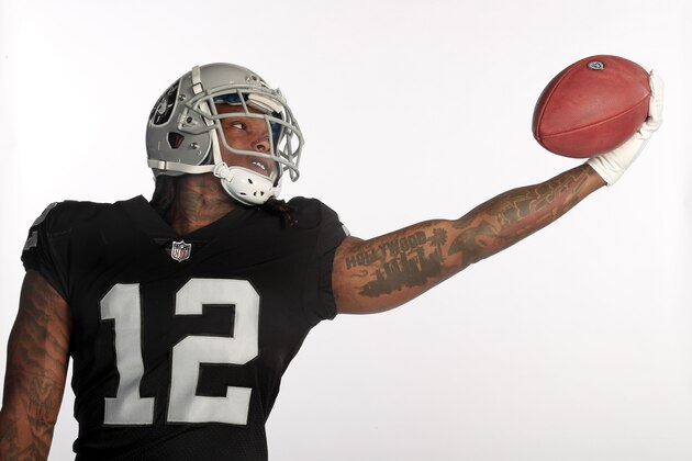 Oakland Raiders wide receiver Martavis Bryant (12) poses for a photo at the team's training facility in Oakland, Calif., on Monday, June 11, 2018. (AP Photo/Tony Avelar)