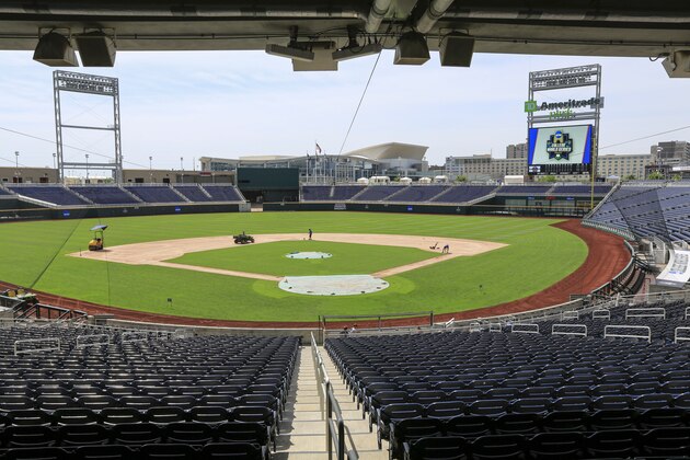 Grounds crew members work on the playing surface at TD Ameritrade Park, home of the NCAA baseball College World Series, in Omaha, Neb., Wednesday, June 13, 2018. Competition in the College World Series starts on Saturday June 16. (AP Photo/Nati Harnik)