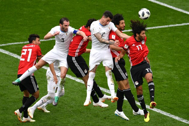 YEKATERINBURG, RUSSIA - JUNE 15:  Jose Gimenez of Uruguay scores his team's first goal during the 2018 FIFA World Cup Russia group A match between Egypt and Uruguay at Ekaterinburg Arena on June 15, 2018 in Yekaterinburg, Russia.  (Photo by Dan Mullan/Getty Images)