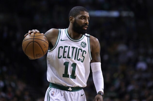 Boston Celtics guard Kyrie Irving (11) during the first quarter of an NBA basketball game in Boston, Wednesday, Feb. 28, 2018. (AP Photo/Charles Krupa)