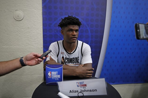 CHICAGO, IL - MAY 17:  Alize Johnson talks to the media during the NBA Draft Combine Day 1 at the Quest Multisport Center on May 17, 2018 in Chicago, Illinois. NOTE TO USER: User expressly acknowledges and agrees that, by downloading and/or using this Photograph, user is consenting to the terms and conditions of the Getty Images License Agreement. Mandatory Copyright Notice: Copyright 2018 NBAE (Photo by Jeff Haynes/NBAE via Getty Images)