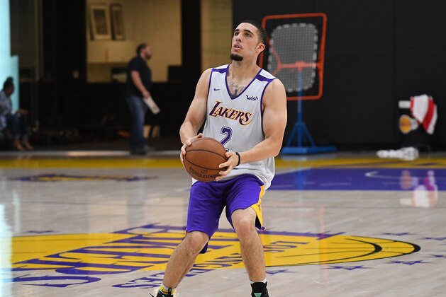 LOS ANGELES, CA - MAY 29:  LiAngelo Ball shoots baskets during the Los Angeles Lakers 2018 NBA Pre-Draft Workout on May 29, 2018 in Los Angeles, California. NOTE TO USER: User expressly acknowledges and agrees that, by downloading and or using this photograph, User is consenting to the terms and conditions of the Getty Images License Agreement. (Photo by Jayne Kamin-Oncea/Getty Images)