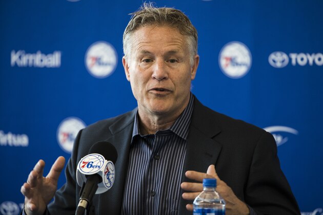 Philadelphia 76ers head coach Brett Brown speaks with members of the media during a news conference at the NBA basketball team's practice facility, in Camden, N.J., Friday, May 11, 2018. (AP Photo/Matt Rourke)