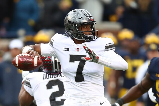 ANN ARBOR, MI - NOVEMBER 25: Dwayne Haskins #7 of the Ohio State Buckeyes looks to throw a pass in the second half against the Michigan Wolverines on November 25, 2017 at Michigan Stadium in Ann Arbor, Michigan. (Photo by Gregory Shamus/Getty Images)