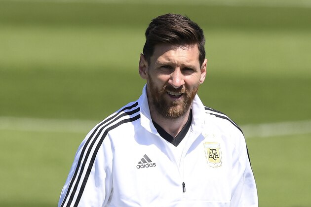 Argentina's forward Lionel Messi reacts during a training session of the Argentina's national football team at the team's base camp in Bronnitsy, near Moscow on June 15, 2018, on the eve of the Russia 2018 World Cup Group D football match against Iceland at the Spartak stadium. (Photo by JUAN MABROMATA / AFP)        (Photo credit should read JUAN MABROMATA/AFP/Getty Images)