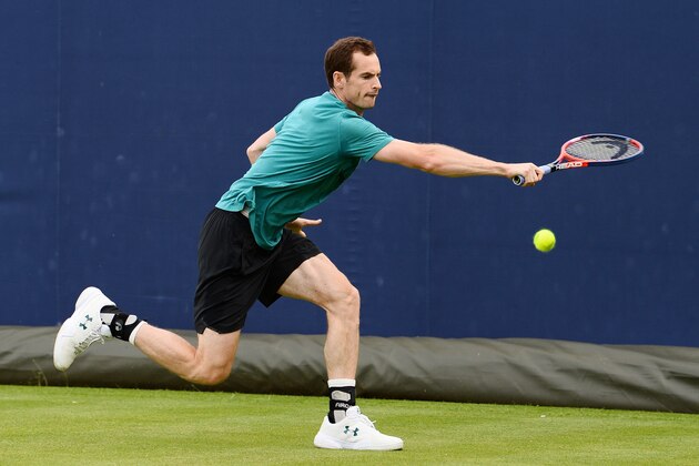 LONDON, ENGLAND - JUNE 15: Andy Murray of Great Britain hits a backhand in practice during preview Day 3 of the Fever-Tree Championships at Queens Club on June 15, 2018 in London, United Kingdom. (Photo by Patrik Lundin/Getty Images for LTA)