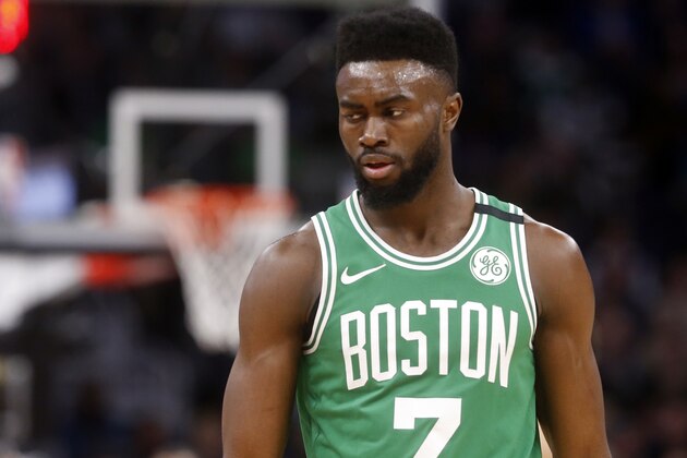 Boston Celtics's Jaylen Brown plays against the Minnesota Timberwolves in an NBA basketball game Thursday, March 8, 2018, in St. Paul, Minn. (AP Photo/Jim Mone)