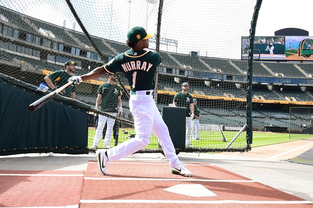 OAKLAND, CA - JUNE 15:  The Oakland Athletics number one draft pick Kyler Murray #1 an outfielder out of the University of Oklahoma takes batting practice prior to the start of the game between the Los Angeles Angels of Anaheim and Oakland Athletics at the Oakland Alameda Coliseum on June 15, 2018 in Oakland, California.  (Photo by Thearon W. Henderson/Getty Images)