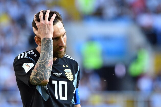 Argentina's forward Lionel Messi reacts during the Russia 2018 World Cup Group D football match between Argentina and Iceland at the Spartak Stadium in Moscow on June 16, 2018. (Photo by Mladen ANTONOV / AFP) / RESTRICTED TO EDITORIAL USE - NO MOBILE PUSH ALERTS/DOWNLOADS        (Photo credit should read MLADEN ANTONOV/AFP/Getty Images)