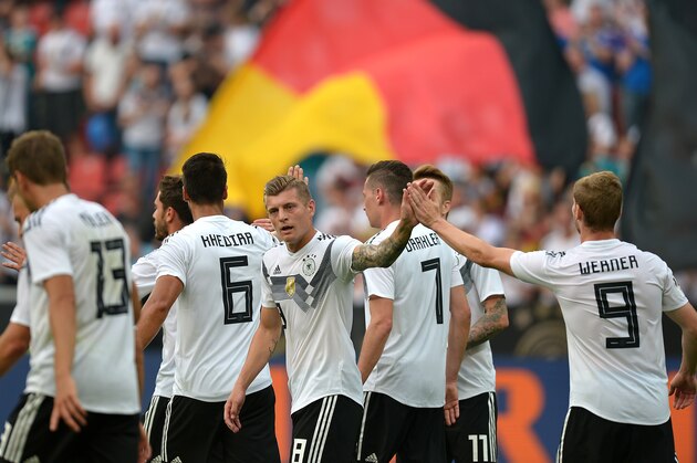 LEVERKUSEN, GERMANY - JUNE 08: Toni Kroos of Germany and Timo Werner of Germany celebrate after Omar Hawsawi of Saudi Arabia scored an own goal during the international friendly match between Germany and Saudi Arabia at BayArena on June 8, 2018 in Leverkusen, Germany. (Photo by TF-Images/Getty Images)