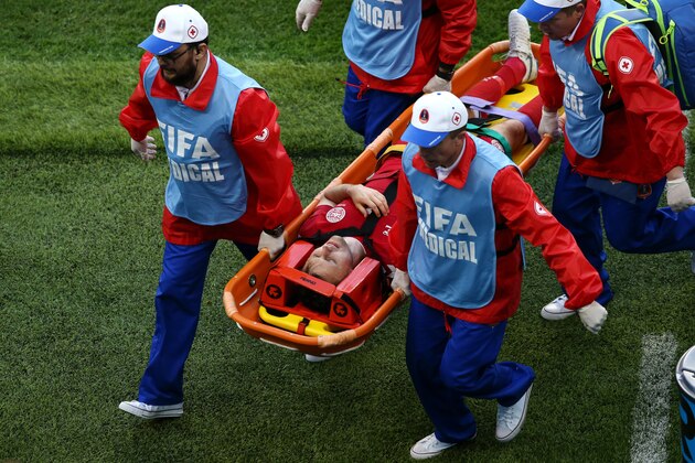 SARANSK, RUSSIA - JUNE 16:  William Kvist of Denmark is carried off the pitch on a stretcher during the 2018 FIFA World Cup Russia group C match between Peru and Denmark at Mordovia Arena on June 16, 2018 in Saransk, Russia.  (Photo by Jan Kruger/Getty Images)
