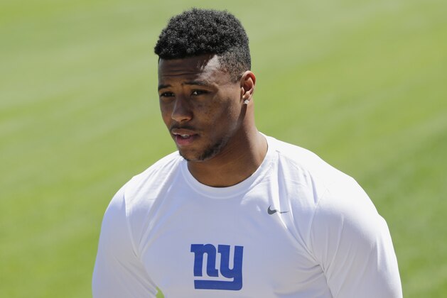 New York Giants running back Saquon Barkley responds to questions during a news interview at NFL football rookie camp Friday, May 11, 2018, in East Rutherford, N.J. (AP Photo/Frank Franklin II)