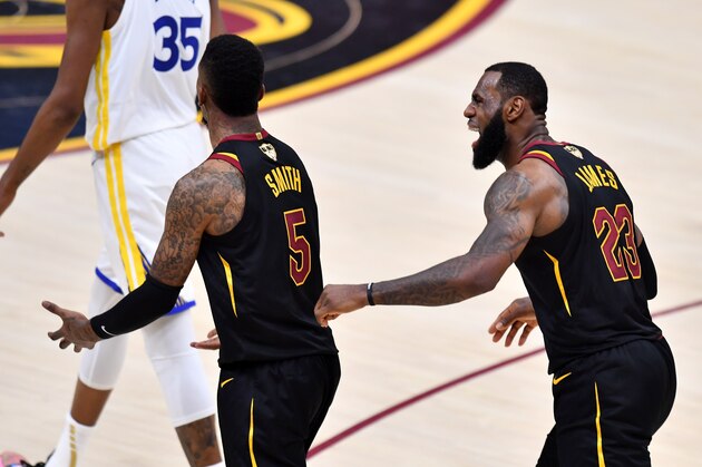 CLEVELAND, OH - JUNE 06:  JR Smith #5 and LeBron James #23 of the Cleveland Cavaliers react to a call against the Golden State Warriors in the second quarter during Game Three of the 2018 NBA Finals at Quicken Loans Arena on June 6, 2018 in Cleveland, Ohio. NOTE TO USER: User expressly acknowledges and agrees that, by downloading and or using this photograph, User is consenting to the terms and conditions of the Getty Images License Agreement.  (Photo by Jamie Sabau/Getty Images)