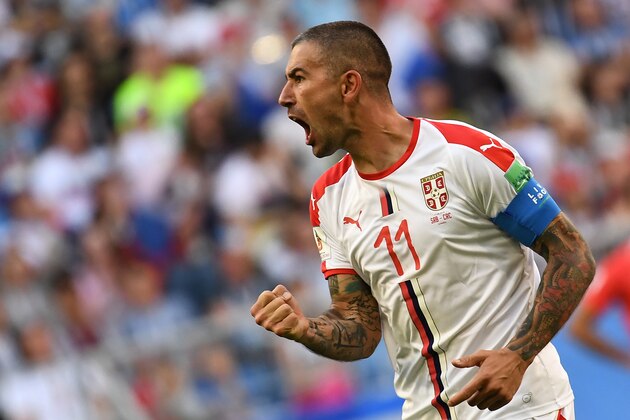 TOPSHOT - Serbia's defender Aleksandar Kolarov celebrates after scoring during the Russia 2018 World Cup Group E football match between Costa Rica and Serbia at the Samara Arena in Samara on June 17, 2018. (Photo by EMMANUEL DUNAND / AFP) / RESTRICTED TO EDITORIAL USE - NO MOBILE PUSH ALERTS/DOWNLOADS        (Photo credit should read EMMANUEL DUNAND/AFP/Getty Images)