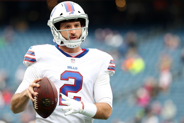 FOXBORO, MA - DECEMBER 24: Nathan Peterman #2 of the Buffalo Bills warms up before a game against the New England Patriots at Gillette Stadium on December 24, 2017 in Foxboro, Massachusetts. (Photo by Adam Glanzman/Getty Images)