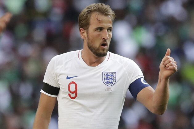 England's Harry Kane during a friendly soccer match between England and Nigeria at Wembley stadium in London, Saturday, June 2, 2018. (AP Photo/Matt Dunham)