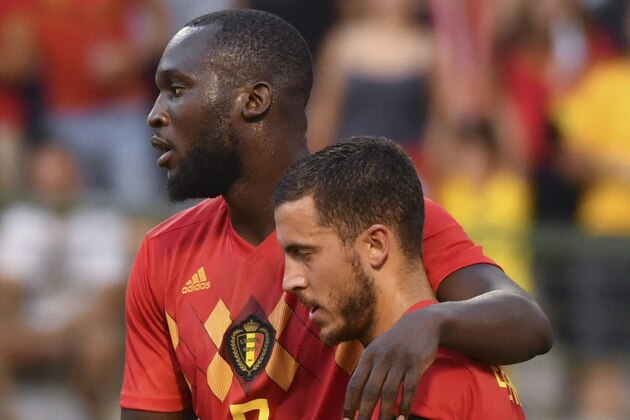 Belgium's Romelu Lukaku, left, congratulates Belgium's Eden Hazard after he scored his sides second goal during a friendly soccer match between Belgium and Egypt at the King Baudouin stadium in Brussels, Wednesday, June 6, 2018. (AP Photo/Geert Vanden Wijngaert)