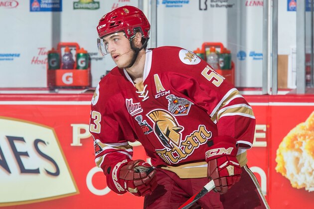 REGINA, SK - MAY 27:  Noah Dobson #53 of Acadie-Bathurst Titan warms up against the Regina Pats at Brandt Centre - Evraz Place on May 27, 2018 in Regina, Canada. (Photo by Marissa Baecker/Getty Images)