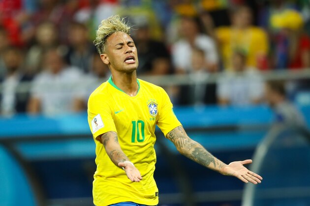 ROSTOV-ON-DON, RUSSIA - JUNE 17:  Neymar of Brazil reacts during the 2018 FIFA World Cup Russia group E match between Brazil and Switzerland at Rostov Arena on June 17, 2018 in Rostov-on-Don, Russia. (Photo by Matthew Ashton - AMA/Getty Images)