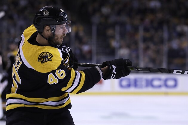 Boston Bruins center David Krejci (46) centers the puck during the second period of an NHL hockey game in Boston, Wednesday, Jan. 17, 2018. (AP Photo/Charles Krupa)