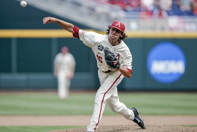 Arkansas pitcher Blaine Knight (16) delivers against Texas in the fifth inning of an NCAA College World Series baseball game in Omaha, Neb., Sunday, June 17, 2018. (AP Photo/Nati Harnik) Arkansas pitcher Blaine Knight (16) delivers against Texas in the fifth inning of an NCAA College World Series baseball game in Omaha, Neb., Sunday, June 17, 2018. (AP Photo/Nati Harnik)