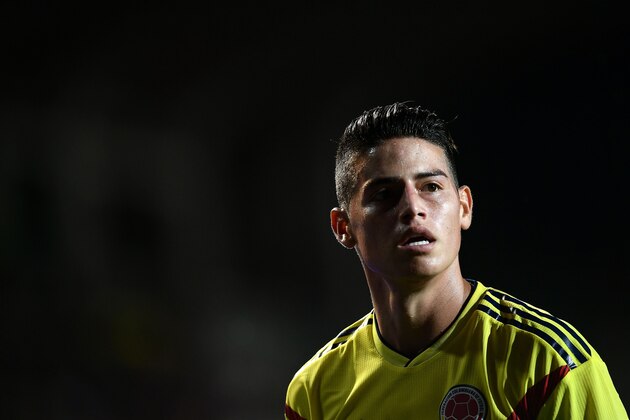 Colombia national football team forward James Rodriguez looks on during the international friendly football match between Egypt and Colombia at 'Atleti Azzurri d'Italia Stadium' in Bergamo on June 1, 2018. (Photo by MARCO BERTORELLO / AFP)        (Photo credit should read MARCO BERTORELLO/AFP/Getty Images)