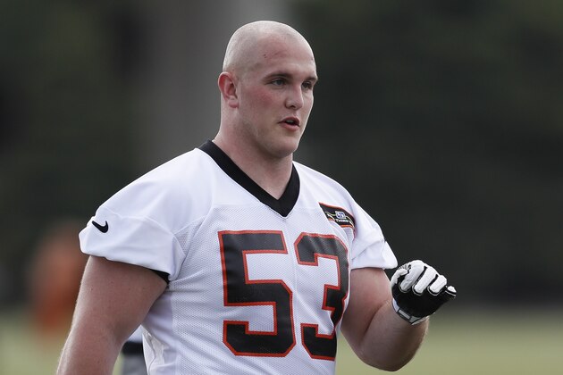 Cincinnati Bengals center Billy Price (53) participates in the NFL football team's rookie minicamp, Friday, May 11, 2018, in Cincinnati. (AP Photo/John Minchillo)