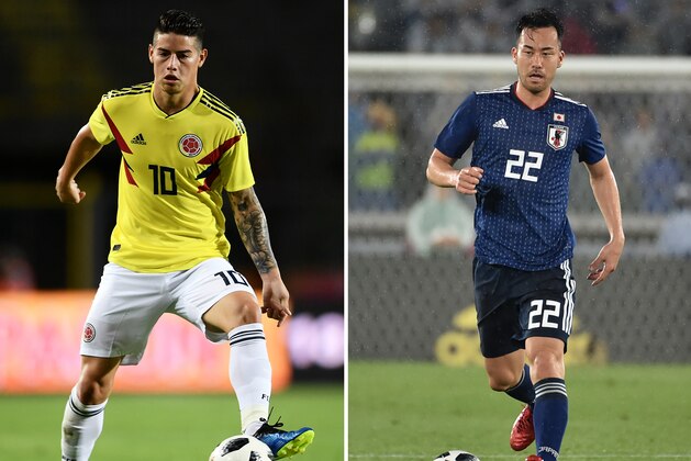 (COMBO) This combination of pictures created on June 17, 2018 shows Colombia's midfielder James Rodriguez at the Atleti Azzurri d'Italia stadium in Bergamo on June 1, 2018 (L) and Japan's defender Maya Yoshida at Nissan Stadium in Yokohama on May 30, 2018. - Colmbia will play Japan in their Russia 2018 World Cup Group H football match at the Mordovia Arena in Saransk on June 19, 2018. (Photo by Marco BERTORELLO and Kazuhiro NOGI / AFP)        (Photo credit should read MARCO BERTORELLO,KAZUHIRO NOGI/AFP/Getty Images)