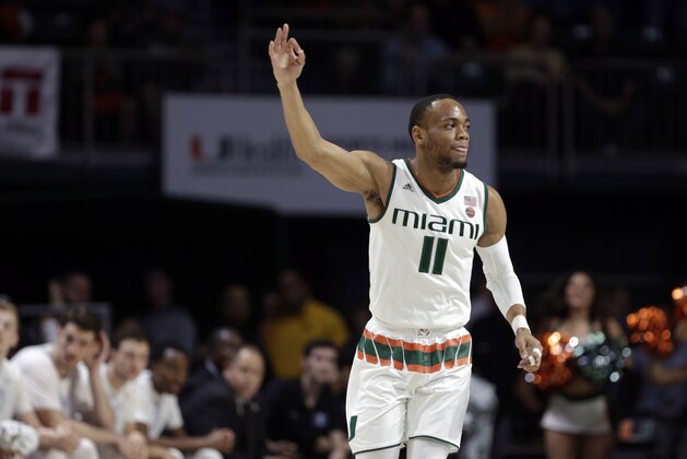 Miami's Bruce Brown Jr. reacts after scoring during the first half of an NCAA college basketball game against Duke, Monday, Jan. 15, 2018, in Coral Gables, Fla. (AP Photo/Lynne Sladky)