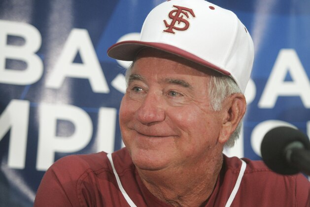 Florida State coach Mike Martin smiles as he speaks to reporters after an NCAA college baseball tournament regional game against UAB on Friday, June 1, 2012, in Tallahassee, Fla. FSU won 2-1. (AP Photo/Phil Sears)