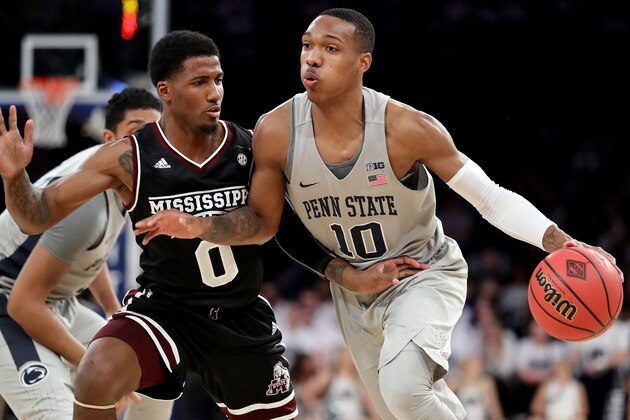 NEW YORK, NY - MARCH 27: Tony Carr #10 of the Penn State Nittany Lions works against Nick Weatherspoon #0 of the Mississippi State Bulldogs in the second quarter during their 2018 National Invitation Tournament Championship semifinals game at Madison Square Garden on March 27, 2018 in New York City.  (Photo by Abbie Parr/Getty Images)