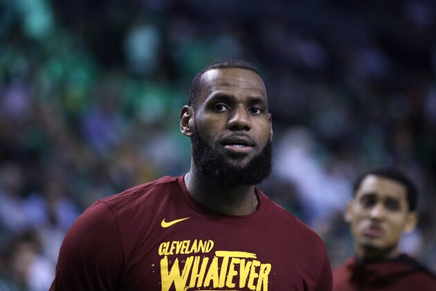 Cleveland Cavaliers forward LeBron James (23) warms up prior to Game 5 of the NBA basketball Eastern Conference finals in Boston, Wednesday, May 23, 2018. (AP Photo/Charles Krupa)