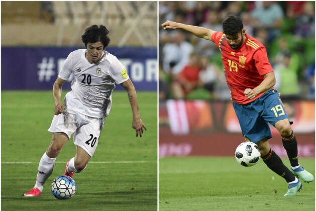 (COMBO) This combination of pictures created on June 18, 2018 shows Iran's Sardar Azmoun (L) in Tehran on June 12, 2017 and  Spain's forward Diego Costa at Krasnodar's stadium on June 9, 2018. - Iran will play Spain in their Russia 2018 World Cup Group B football match on June 20, 2018. (Photo by Pierre-Philippe MARCOU and Atta KENARE / AFP)        (Photo credit should read PIERRE-PHILIPPE MARCOU,ATTA KENARE/AFP/Getty Images)
