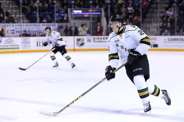 ST CATHARINES, ON - FEBRUARY 04:  Evan Bouchard #2 of the London Knights skates during an OHL game against the Niagara IceDogs at the Meridian Centre on February 6, 2016 in St Catharines, Ontario, Canada.  (Photo by Vaughn Ridley/Getty Images)