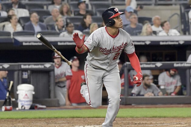 Washington Nationals' Juan Soto tosses his bat after hitting a home run against the New York Yankees during the seventh inning of a baseball game Wednesday, June 13, 2018, at Yankee Stadium in New York. (AP Photo/Bill Kostroun)